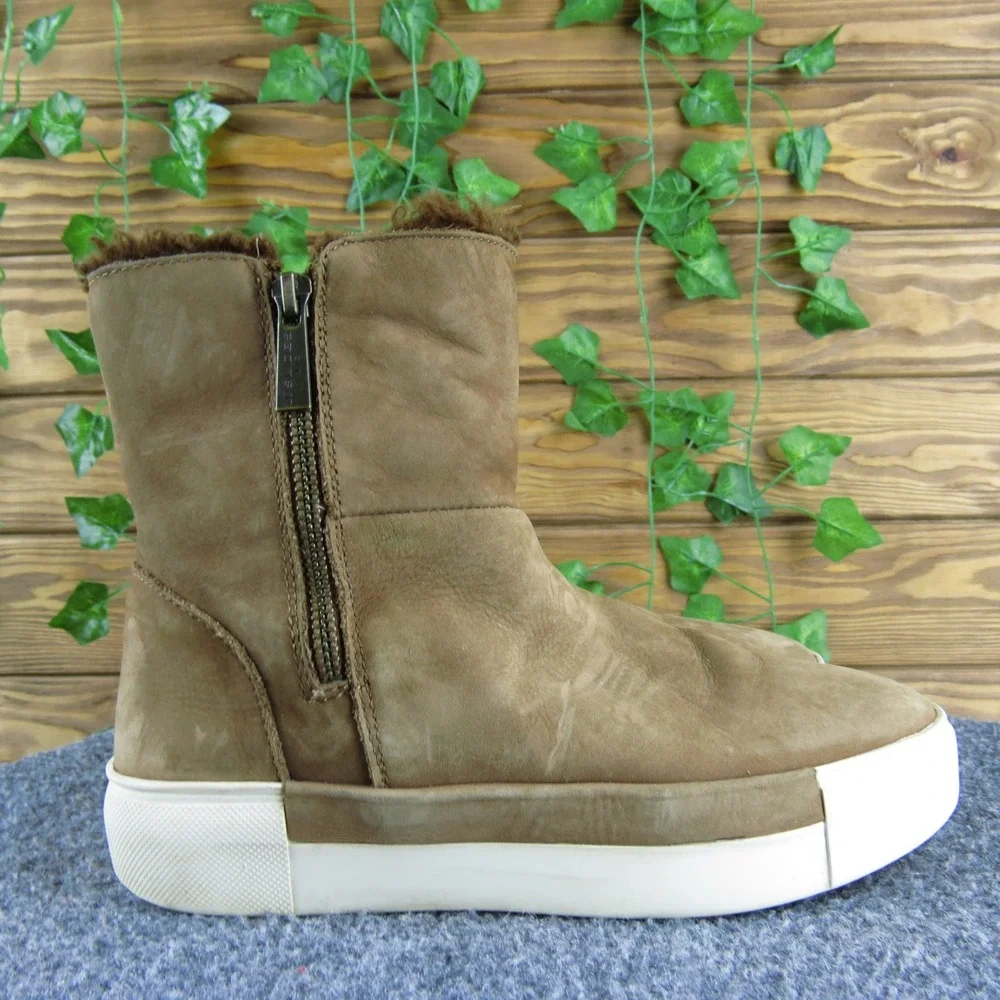 J Slides‎ NYC Tan Suede Platform Ankle Boots Women Size 6 Faux Fur Lined Zip Up